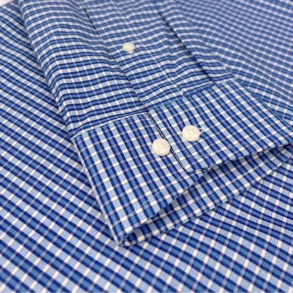 BEN SHERMAN, LONG SLEEVES MEN’S SHIRT, “XL 16,” BLUE AND WHITE SMALL CHECKERED - Picture 9 of 16